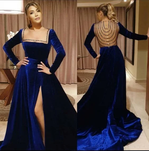 illusion neckline prom dressesBlue Velvet Long Prom Dresses With Side Slit    S2090