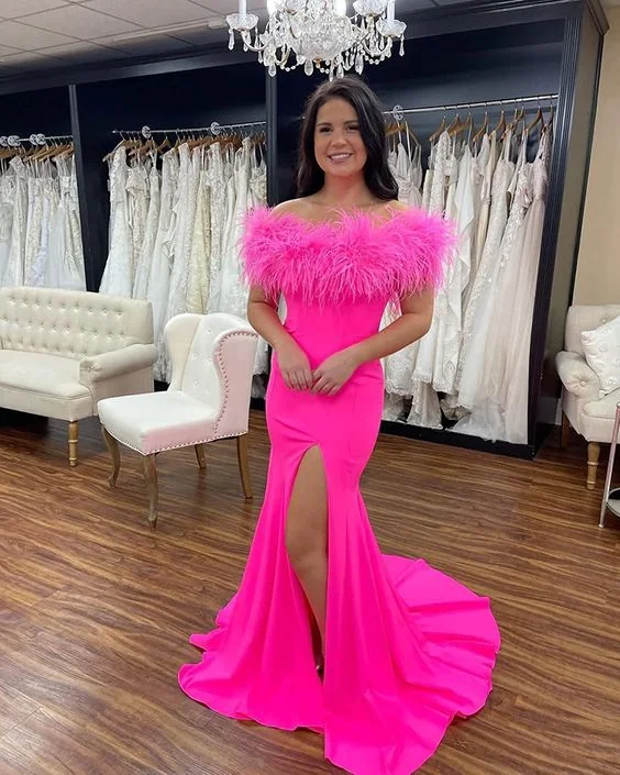 prom dresses for hourglass figuresMermaid Satin Off The Shoulder Feathers Long High Split Prom Dresses S1791