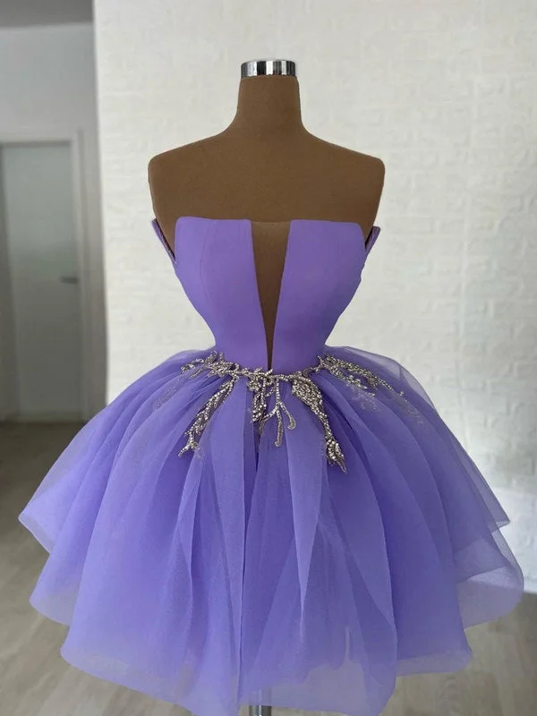 prom dress style guidesCute purple tulle short prom dress, purple homecoming dress    S2034