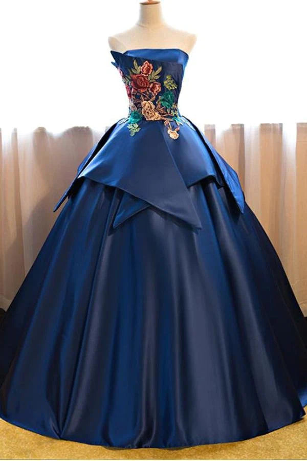 flowy prom dressesDark Blue Ball Gown Satin Strapless Lace up Appliques Long Prom Quinceanera Dress