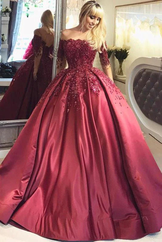 prom dresses with sheer overlaysDark Red Lace Long Sleeve Prom Dress Off-the-Shoulder Ball Gown Quinceanera Dress