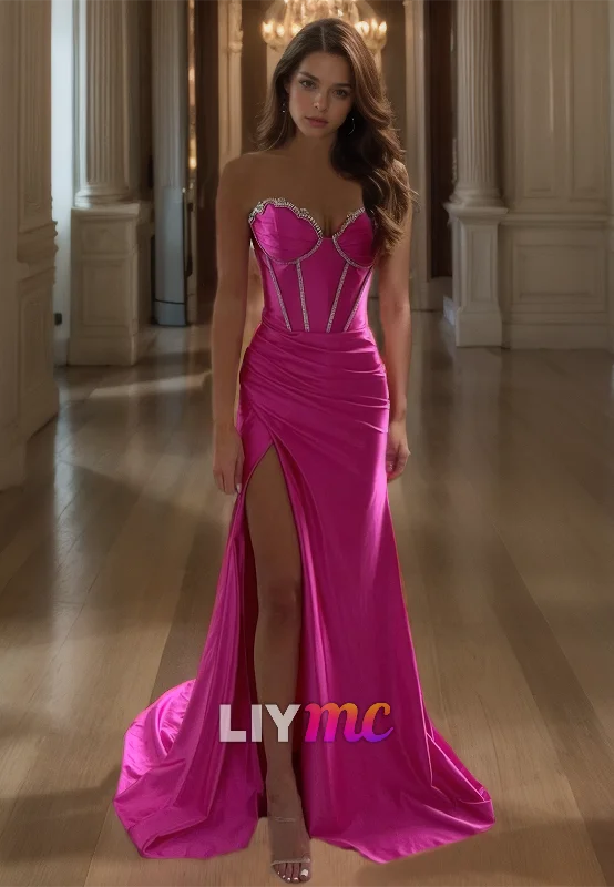 classic prom dressesSweetheart Sleeveless Beaded Ruched Side Slit Sheath Prom Dress