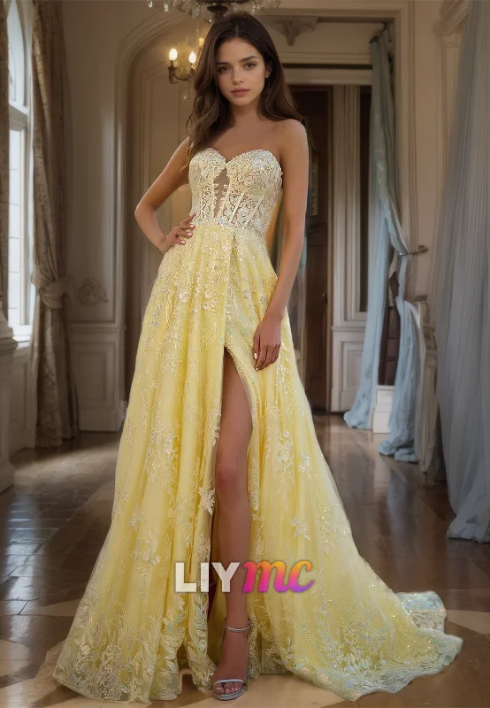 prom dress inspiration galleriesSweetheart Sleeveless Appliques Side Slit A-Line Prom Dress