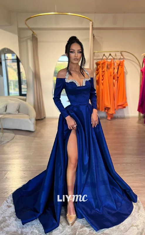 prom dresses for fallLP920 - A Line V neck Beads Long Sleeves Formal Prom Dress with Slit