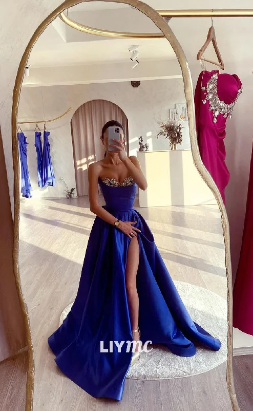 prom dress preservationLP921 - A Line Sweetheart Satin Beads Side Slit Long Prom Formal Dress