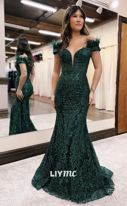 elegant prom dressesLP923 - Plunging V neck Feathers Lace Mermaid Formal Prom Dress