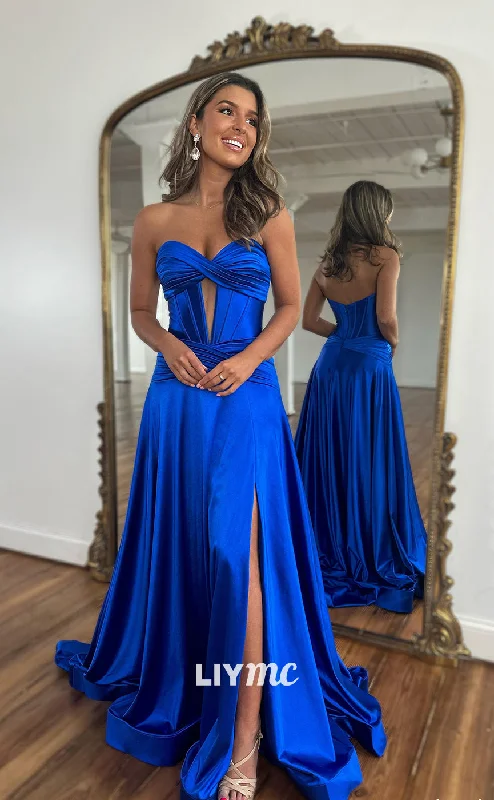 long prom dressesLP955 - Sweetheart Satin Draped Long Formal Prom Dress with Slit