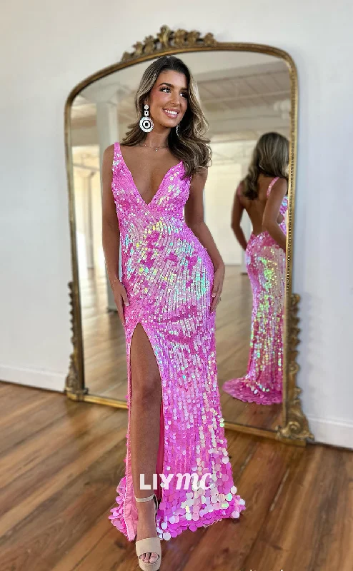 illusion sleeve prom dressesLP957 - Sexy V neck Fully Sequins pInk Mermaid Long Formal Prom Dress with Slit