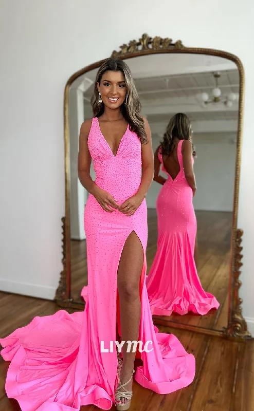 A-line prom dressesLP959 - Sexy V neck Ruched Pink Mermaid Long Formal Prom Dress with Slit