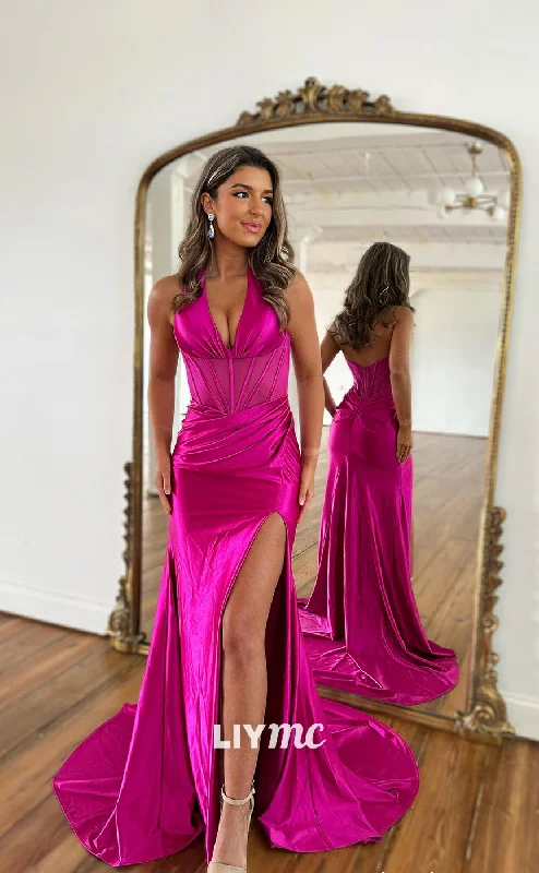 fitted prom dressesLP960 - Sexy V neck Satin Draped Mermaid Long Formal Prom Dress with Slit