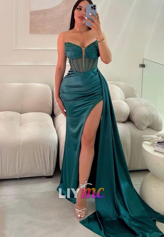 ready-to-wear prom dressesLP962 - Plunging V neck Satin Draped Beads Mermaid Formal Prom Dress with Slit