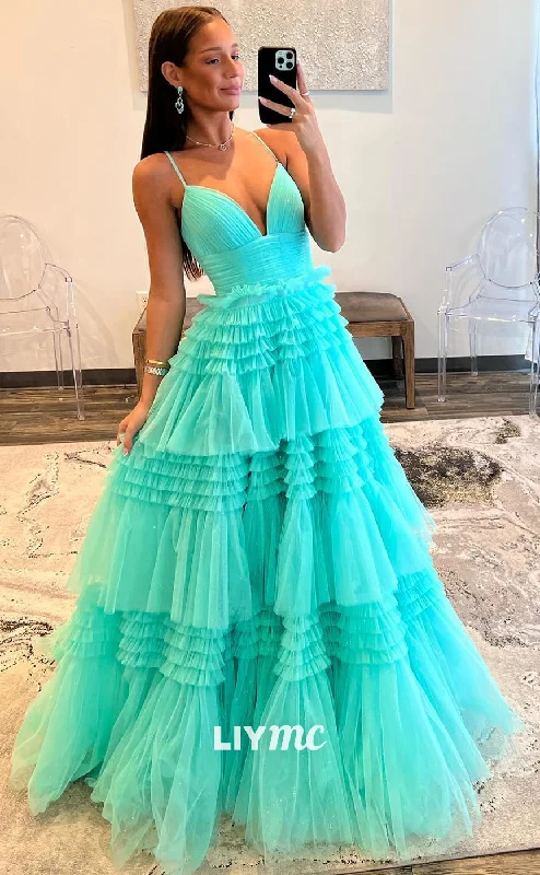 geometric print prom dressesLP965 - Spaghetti Straps Tulle Tiered Long Semi Formal Prom Dress