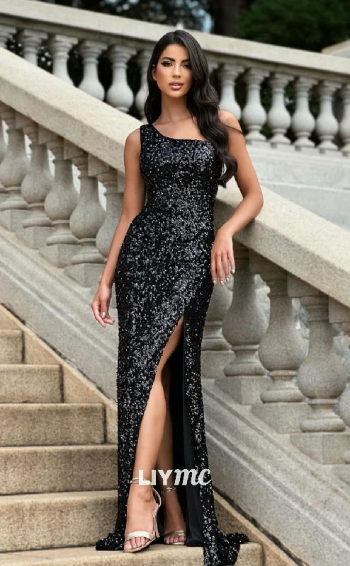 corset prom dressesLP969 - Sheath One Shoulder Fully Sequins Black Sparkly Formal Prom Dress with Slit