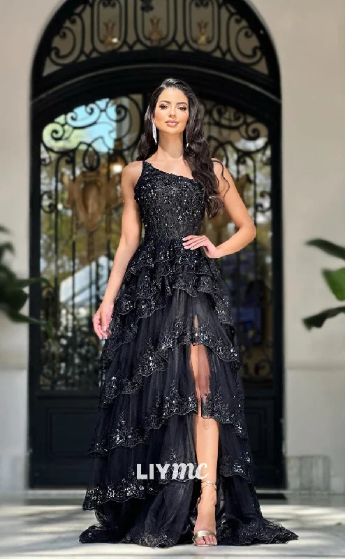 prom dress inspiration galleriesLP981 - A Line One Shoulder Sequins Appliques Black Long Formal Prom Dress with Slit