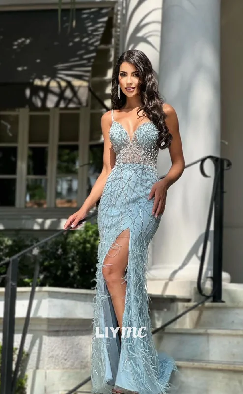 sparkly prom dressesLP985 - Plunging Illusion V neck Feathers Mermaid Long Formal Prom Dress