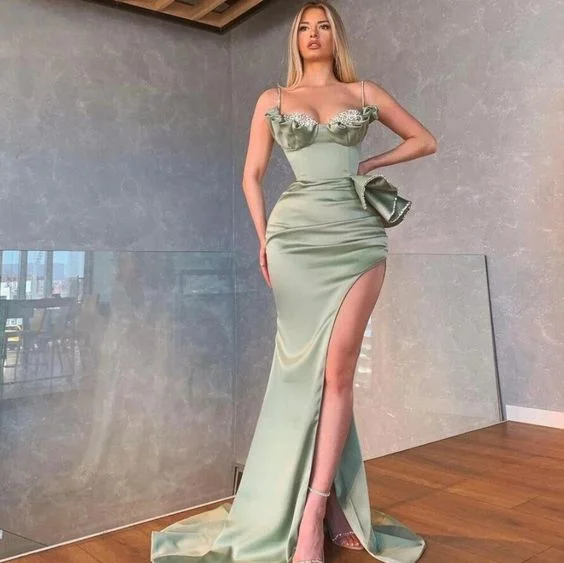 tulle prom dressesElegant Dusty Sage Spaghetti Straps Mermaid Prom Dress With Slit    S1889