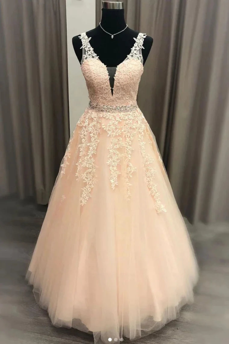 prom dresses with floral embroideryFloor Length V Neck Sleeveless Tulle Prom Dress With Appliques, Puffy Quinceanera Dress