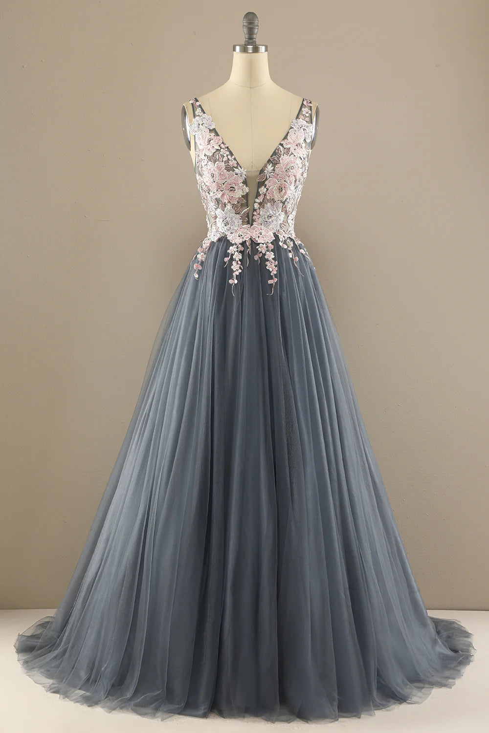 prom dresses with detachable sleevesGorgeous Deep V Neck Grey/Pink Prom Dress with Appliques