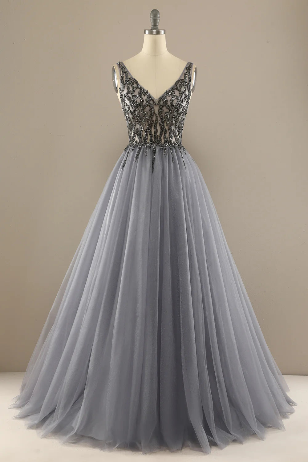 bespoke prom dressesGrey V Neck Long Beaded Prom Dress