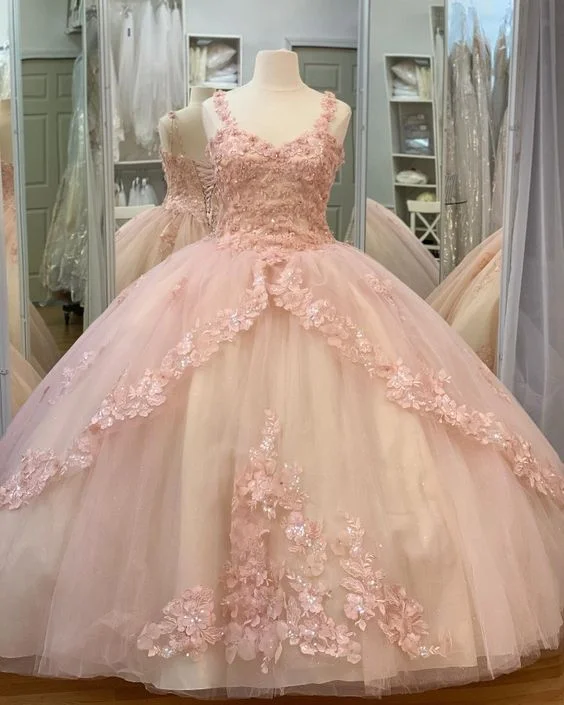 custom prom dressesLong Ball Gown Prom Dress, Quinceanera Dresses,  Lace Appliques Dress   S1844