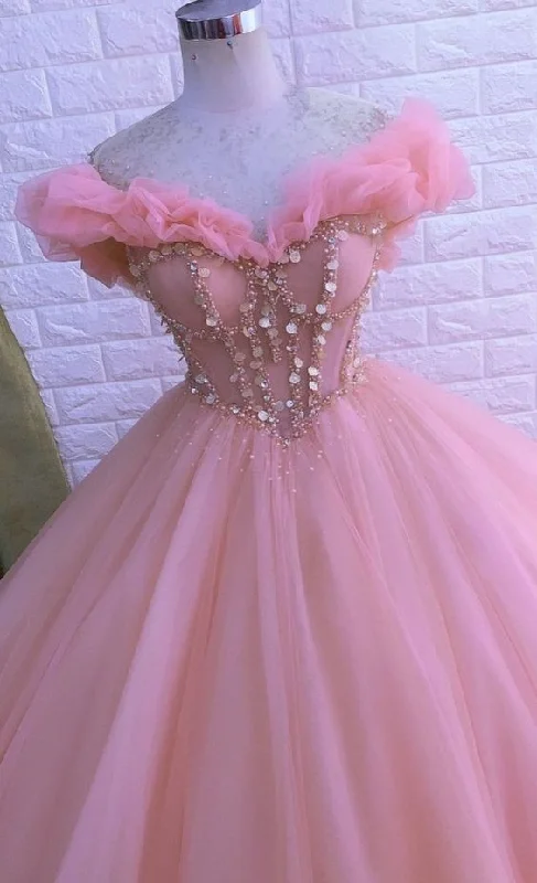 pastel prom dressesLong Ball Gown Prom Dress, Quinceanera Dresses, Pink Lace Appliques Dress   S1839