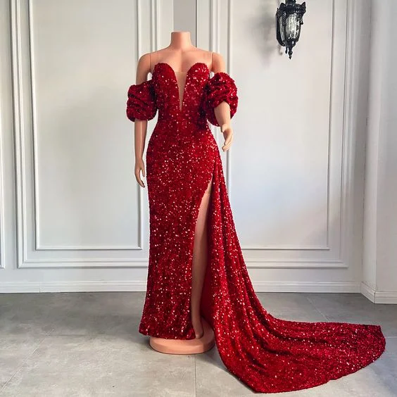 prom dresses for curve-hugging figuresLong Red Prom Dresses 2023 Off The Shoulder Sexy High Slit Sequined African Black Girls Real Prom Gala Gowns With Side Train   S1799