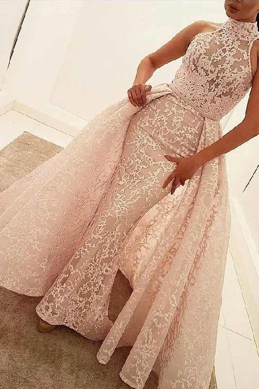 vintage prom dressesMermaid High Neck Court Train Detachable Light Pink Lace Quinceanera Dress Prom Dresses