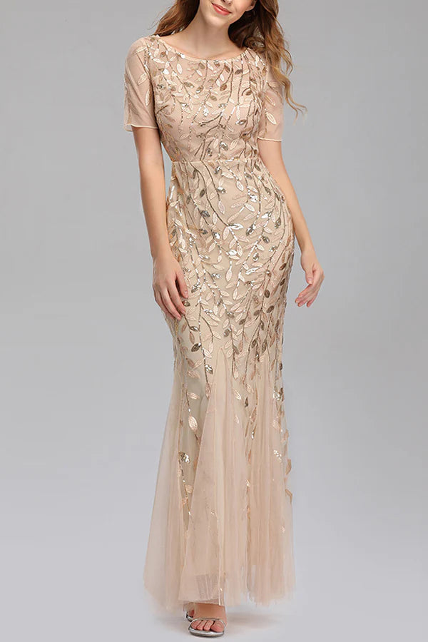 high-low prom dressesMermaid Short Sleeves champagne Prom Dress