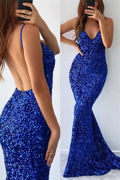 illusion neckline prom dressesMERMAID V-NECK SPAGHETTI STRAP SEQUINED FLOOR-LENGTH SLEEVELESS PROM DRESS    S1813