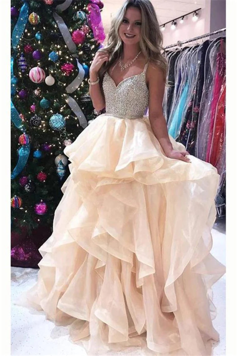 prom dress fitting adviceNewest Spaghetti Straps Ball Gown Beading Champagne Princess Prom Dresses Quinceanera Dresses