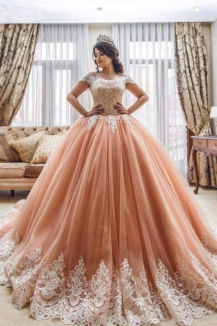 prom dress color trendsOff the Shoulder Ball Gowns Prom Dresses Lace Appliques Tulle Pink Quinceanera Dresses