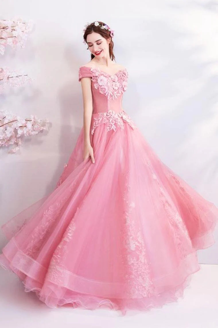 prom dresses for hourglass figuresOff The Shoulder Puffy Tulle Prom Dresses, Floor Length Appliqued Quinceanera Dress