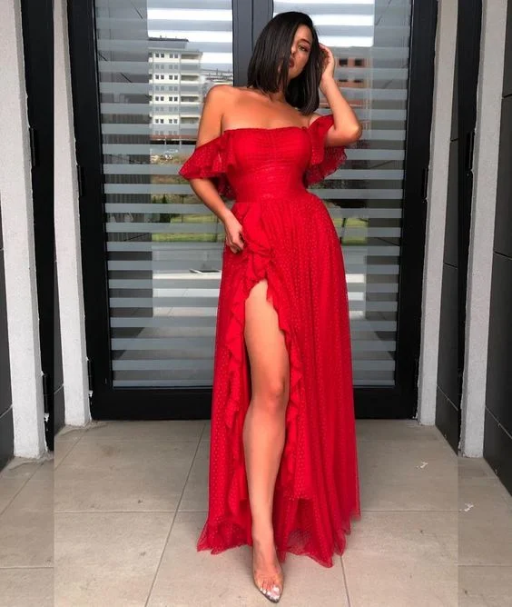 prom dresses with pocketsOff The Shoulder Split Long Prom Dresses With Side Slit    S2089