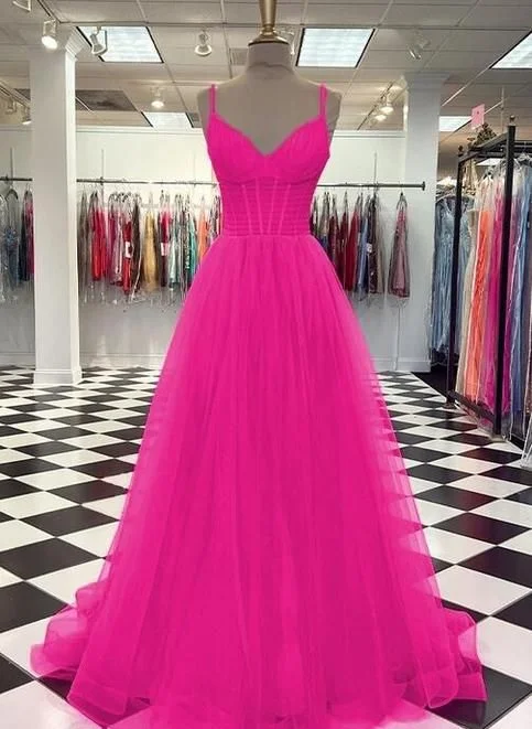 affordable prom dressesPrincess A Line Hot Pink Tulle Ruffles V-neck Prom Dresses   S1847