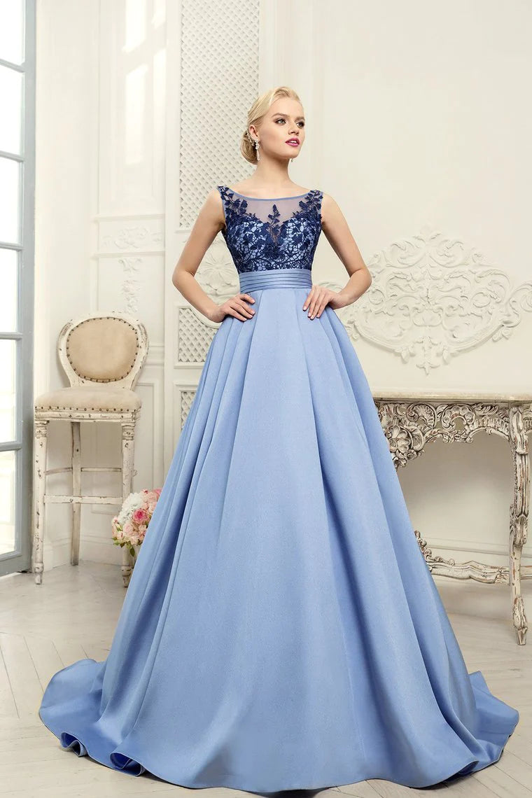 sparkly prom dressesScoop Blue A-Line Appliques Satin Backless Sleeveless Quinceanera Dress Prom Dresses