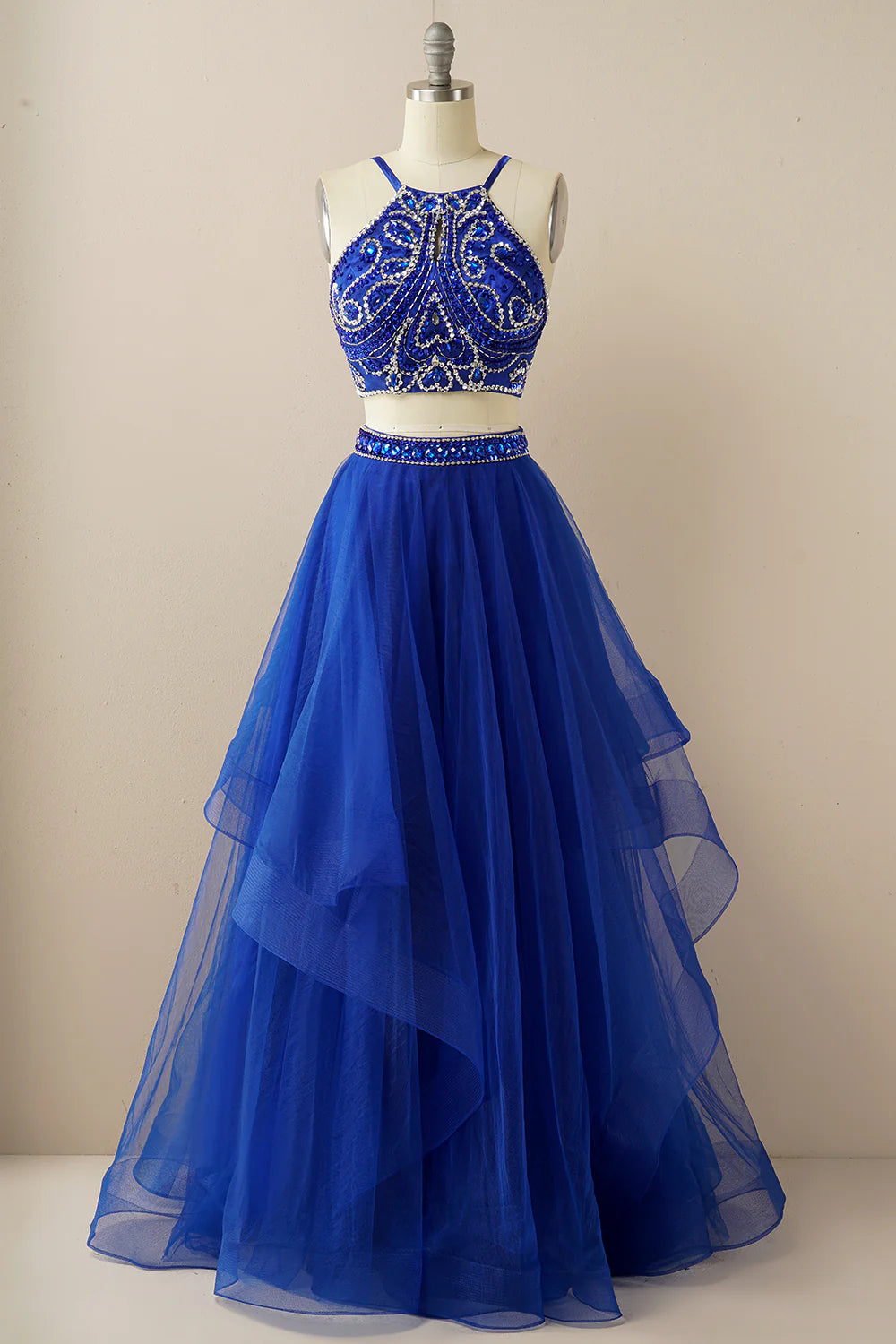 prom dresses with sequin detailingTwo Pieces Halter Beaded Prom Dress