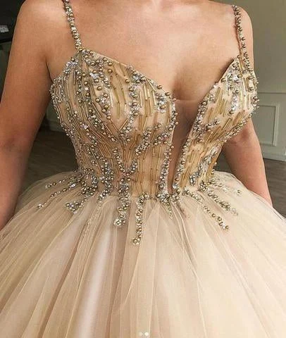 prom dresses with floral embroideryUnique Spaghetti Straps V Neck Beads Ball Gown Tulle Prom Dresses Quinceanera Dresses