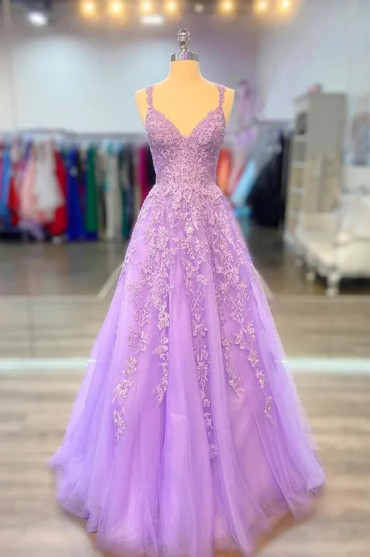 high-slit prom dressesV Neck Purple Lace Prom Dresses, A-Line Spaghetti Straps Lace Formal Dresses    S1812