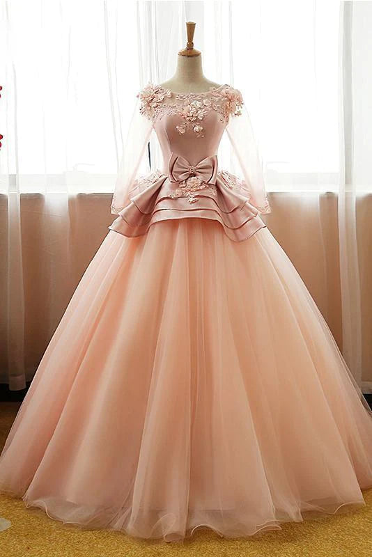 prom dresses for curve-hugging figuresVintage Pink Flower Long Sleeves Puffy Tulle Long Quinceanera Dress Prom Dresses